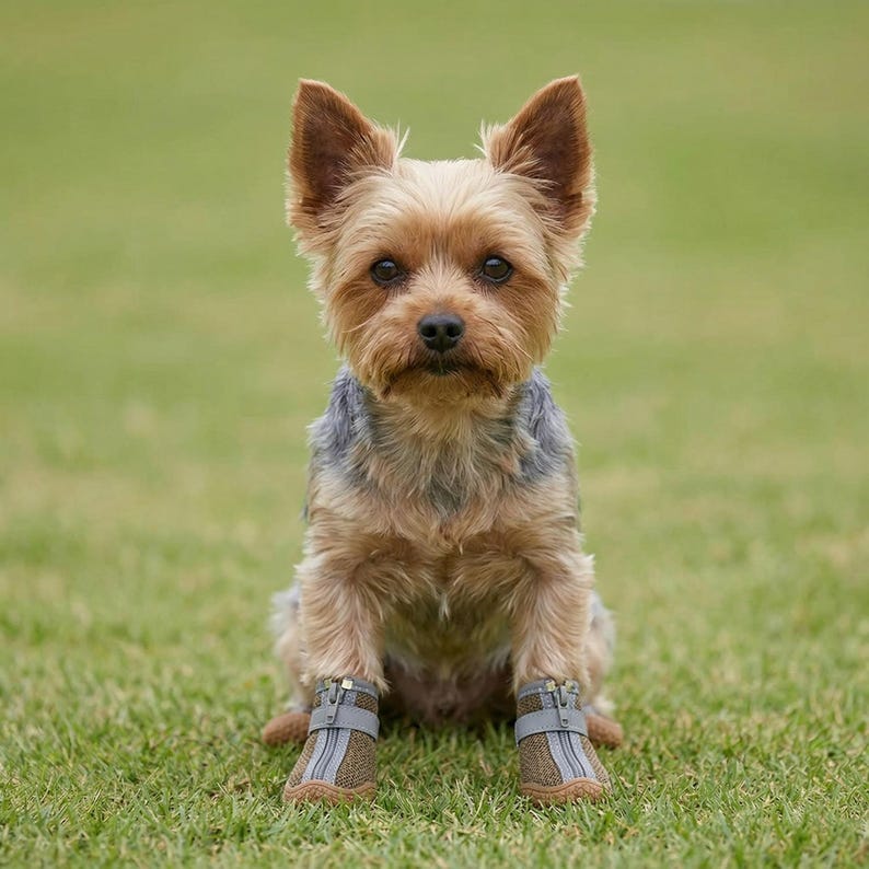 Peut inclure: Un petit chien Yorkshire Terrier assis sur de l'herbe verte, portant de petites bottes grises et marron pour chien. Le chien a des poils bruns et fauves avec une tache grise sur le cou. Le chien regarde directement la cam&eacute;ra.