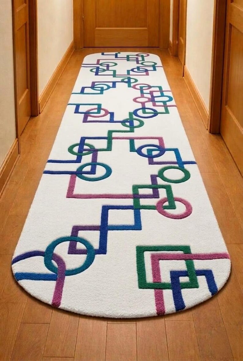 3d Pattern Runner Rug Hand Tufted Wool Runner Rug, Modern Geometric Abstract Lines Circles ...