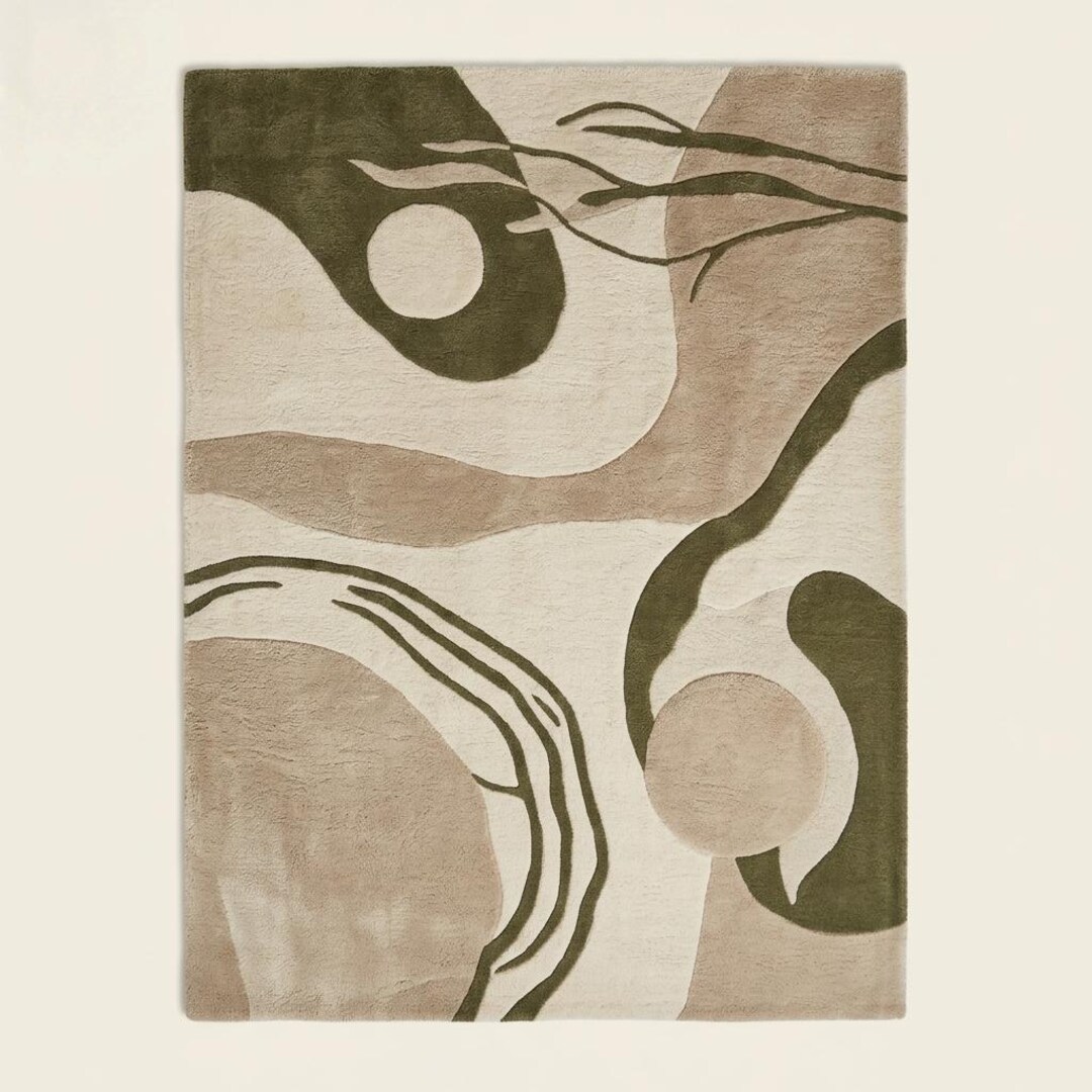 Hand Tufted Wool Abstract Area Rug, Neutral Beige Green Contemporary ...