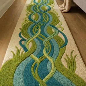 Könnte beinhalten: Ein langer, rechteckiger Teppich mit einem von der Natur inspirierten Design. Der Teppich hat einen cremefarbenen Hintergrund mit einem Muster aus verschlungenen blauen und grünen Linien, die einem Fluss ähneln. Der Teppich besteht aus einem weichen, strukturierten Material.
