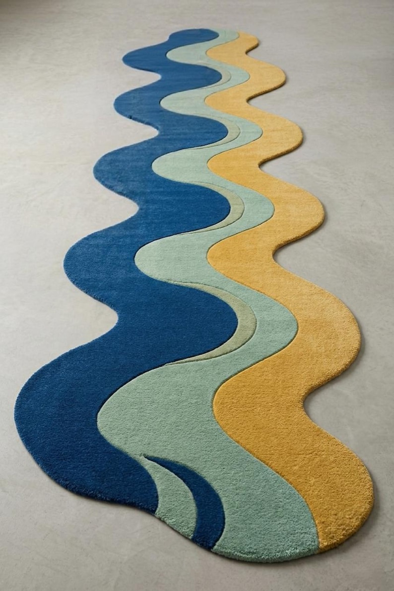 Wavy Long Rug Hand-tufted Wool Wavy Runner Rug, Abstract Colorful Hallway Carpet ...