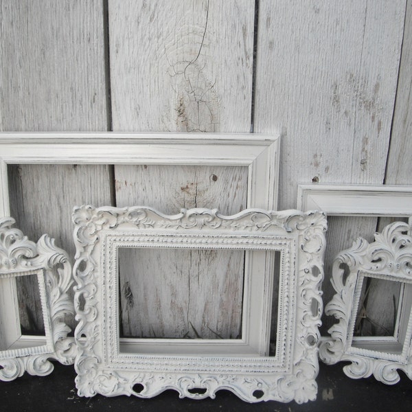 Reserved -Distressed Vintage PICTURE FRAMES - Ornate - Set of Five - Heirloom White - Shabby Chic Wedding - w/ Glass N Backing