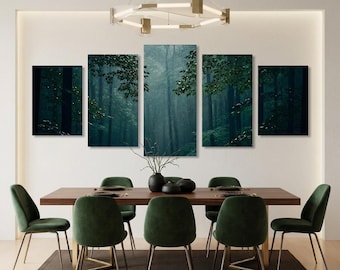 Dark Forest Rain 5 Panel Canvas Print | Moody Teal Woodland Landscape (Digital Download)