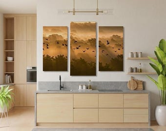 Golden Misty Forest Birds in Flight 3 Panel Wall Art (Printable Download)