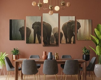 Olifant kudde 5 panelen muurkunst | Canvasafdruk Misty Forest Wildlife (digitale download)