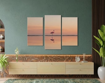 Flamingo Sunset Triptych Print: Minimalist Coastal Wall Art (Instant Download)