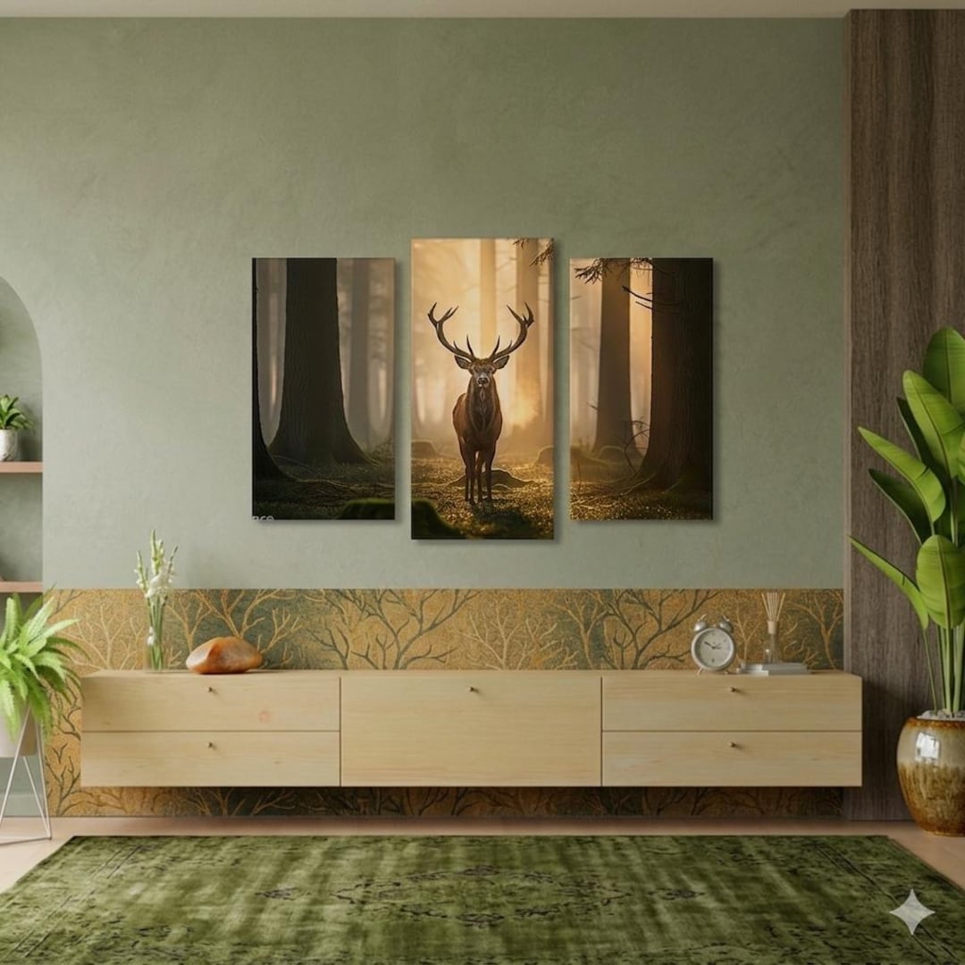 Majestic Deer 3 Panel Wall Art | Golden Forest Stag Canvas Print ...