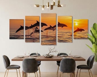 Lienzo impreso de 5 paneles con delfines al atardecer: Arte mural de vida marina (descarga digital)