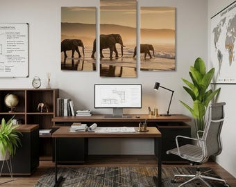 3-Panel Elephant Beach Sunset Canvas Print: Golden Ocean Coastal Wildlife Wall Art (Download Printable)