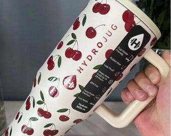 Personalized Engraved HydroJug Traveler 40oz, White Cherry Tumbler, Insulated Stainless Steel Cup With Handle & Straw