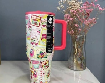 Personalized Engraved HydroJug 40oz Floral Stamp Tumbler, Insulated Stainless Steel Cup With Straw & Handle