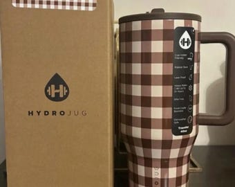 Personalized Engraved ACTA x HydroJug Traveler 40oz, Coconut Brown Gingham Tumbler With Handle , Flip Straw