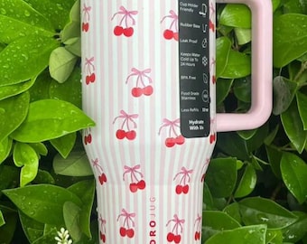 Personalized Cherry Print 40oz Insulated Tumbler with Handle & Straw, Custom Engraved Stainless Steel