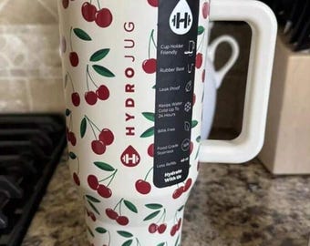 Personalized Pink Cherry Print 40oz Insulated Tumbler with Handle & Straw, Custom Engraved Stainless Steel