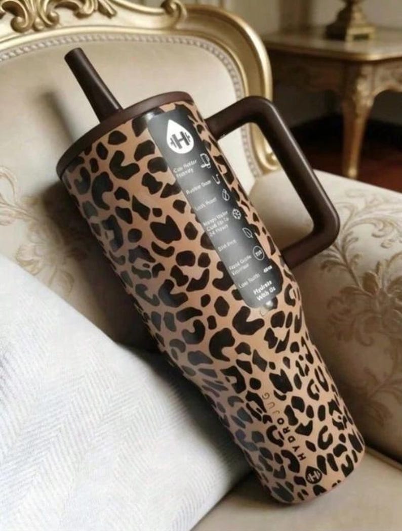 Personalized Engraved HydroJug Traveler Leopard Print Tumbler 40oz, Espresso Brown Insulated Straw Cup, Leakproof Gift Mug zdjęcie 2