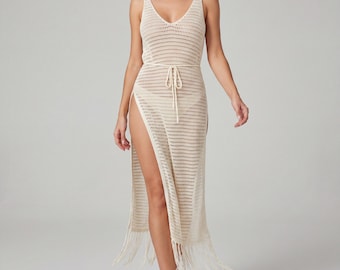 Crochet Maxi Beach Cover Up Dress | Sheer Knit Boho Summer Vacation Outfit