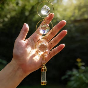 Könnte beinhalten: Dekoratives Hängeornament mit drei goldfarbenen Ringen. Die oberen und unteren Ringe halten klare Kristallkugeln, während der mittlere Ring eine Blumenanordnung enthält. Eine klare Glasampulle mit goldenen Akzenten hängt unten.