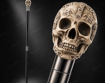 White Skull Head Walking Cane Decorative Metal Walking Stick Gothic Cosplay Prop Vintage Collectible Costume Accessory 94cm