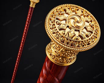 Golden Red Wooden Walking Cane Decorative Vintage Walking Stick Cosplay Prop Traditional Costume Accessory Collectible 96cm
