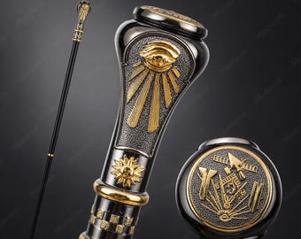 Schwarz Gold Freimaurer Gehstock Dekorative Metall Stick Vintage Style Gentleman Cane Cosplay Kostüm Prop Sammlerstück 93 cm