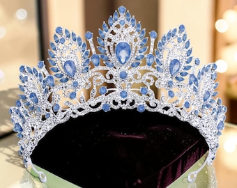 Blue Opal Crystal Bridal Crown Tiara, Vintage Princess Diadem, Wedding Headpiece