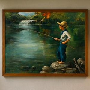 Puede incluir: Un óleo enmarcado que representa a una persona con sombrero de paja, camisa blanca y peto azul, de pie descalza sobre rocas mientras sostiene una caña de pescar sobre un río tranquilo con una cascada al fondo y árboles verdes.