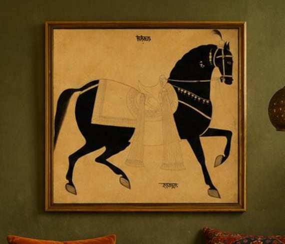 Antique Persian Horse Print Arabian Horse Minimalist Equestrian Painting Vintage Middle Eastern Folk Art