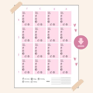 Peut inclure: Un planificateur de menu rose et blanc avec des sections pour les noms et les statuts. Le planificateur comprend des icônes pour le choix des boissons, les allergies, ne pas manger, le choix des aliments et le sommeil. Le mot "MENU" est en bas.