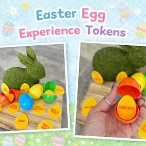 May include: An Easter-themed image with a green moss-covered bunny and colourful plastic eggs. The eggs are orange, yellow, green, and blue. Some eggs are open, revealing tokens. The text "Easter Egg Experience Tokens" is at the top.