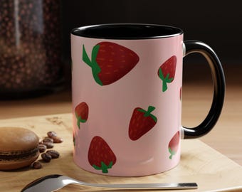ストロベリー柄マグカップ | アクセントコーヒーマグ 11オンスまたは15オンス