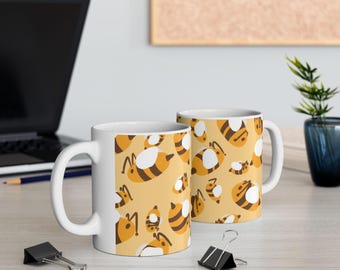 Chubby Bee Pattern Ceramic Mug | Sunny Garden Coffee Cup