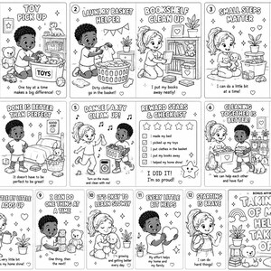 May include: Black and white illustrated chore chart for children. Each card depicts a different task, such as making the bed, picking up toys, and cleaning. The chart includes positive affirmations and a bonus poster.