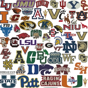 May include: A collection of various collegiate sports team logos and mascots arranged in a collage. The graphic features numerous university emblems, including letters, animal figures, and text-based designs in diverse colors on a white background.