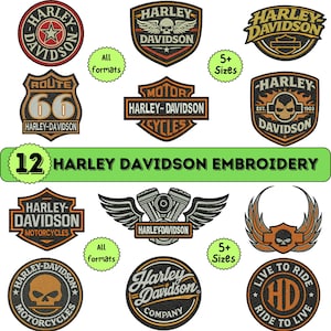 May include: A collection of 12 Harley Davidson embroidery designs featuring various logos, shields, skulls, and wings in black, orange, and white. The image includes text such as Route 66, Motor Cycles, and Live to Ride, with labels indicating all formats and 5+ sizes.