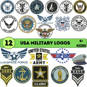 Peut inclure: Une collection de 12 logos et emblèmes militaires américains représentant diverses branches, dont la Navy, la Space Force, l'Air Force, la Coast Guard et l'Army. Les motifs incluent des écussons circulaires, des insignes ailés, des étoiles et des ancres.