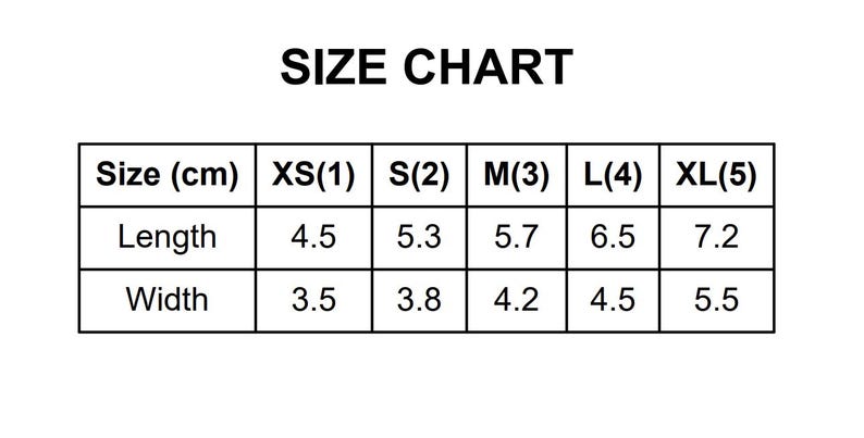 May include: A size chart with the title "SIZE CHART" in bold black text. The chart shows measurements in centimeters for length and width, ranging from XS to XL. Length measurements range from 4.5 cm to 7.2 cm.