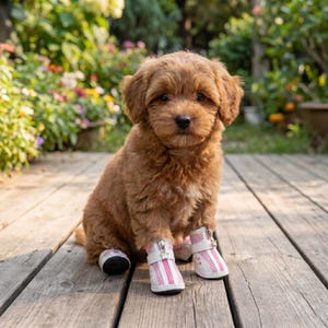 May include: A fluffy, brown puppy wearing four small white and pink dog boots with zippers. The puppy is sitting on a wooden deck, with a blurred background of green foliage and colorful flowers.