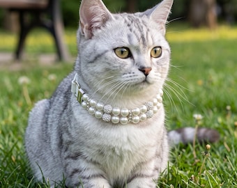 Beaded Pet Collar, Pearl Style with Rhinestone Accents, Adjustable Cat Dog Accessory