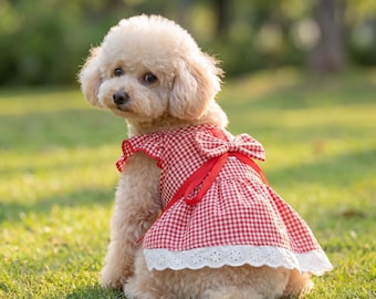 Red Gingham Puppy Dress, Ruffle Pet Clothing, Small Dog Summer Outfit