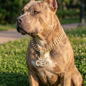 May include: A brindle pit bull dog wearing a thick gold-toned cuban link chain collar. The collar features a large, rhinestone-encrusted pendant shaped like a crown sitting above the letters CEO, also covered in small clear rhinestones.