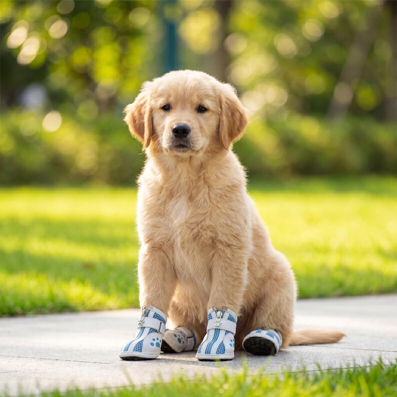 May include: A golden retriever puppy wearing blue and white patterned dog boots. The puppy is sitting on a concrete surface with green grass and blurred foliage in the background. The boots have zippers and a paw print design.