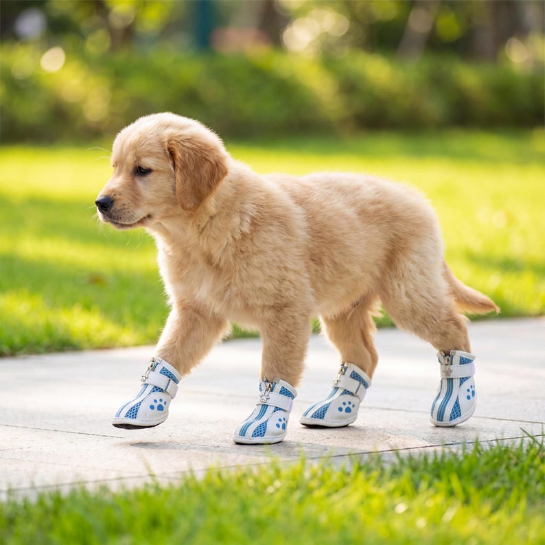 May include: A golden retriever puppy wearing white and blue dog boots with paw print details. The boots have adjustable straps and are designed to protect the dog's paws. The puppy is walking on a concrete surface with green grass in the background.