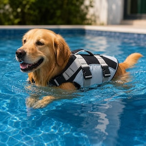 Puede incluir: Un golden retriever nadando en una piscina mientras lleva puesto un chaleco salvavidas para perros de color negro y gris claro. El chaleco cuenta con correas ajustables, hebillas de plástico negro y un asa superior para levantar al animal.