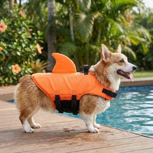 May include: A Corgi dog wearing an orange shark-fin life vest stands on a wooden dock next to a swimming pool. The life vest has black buckles and straps. The dog has a white and brown coat and is looking to the right.