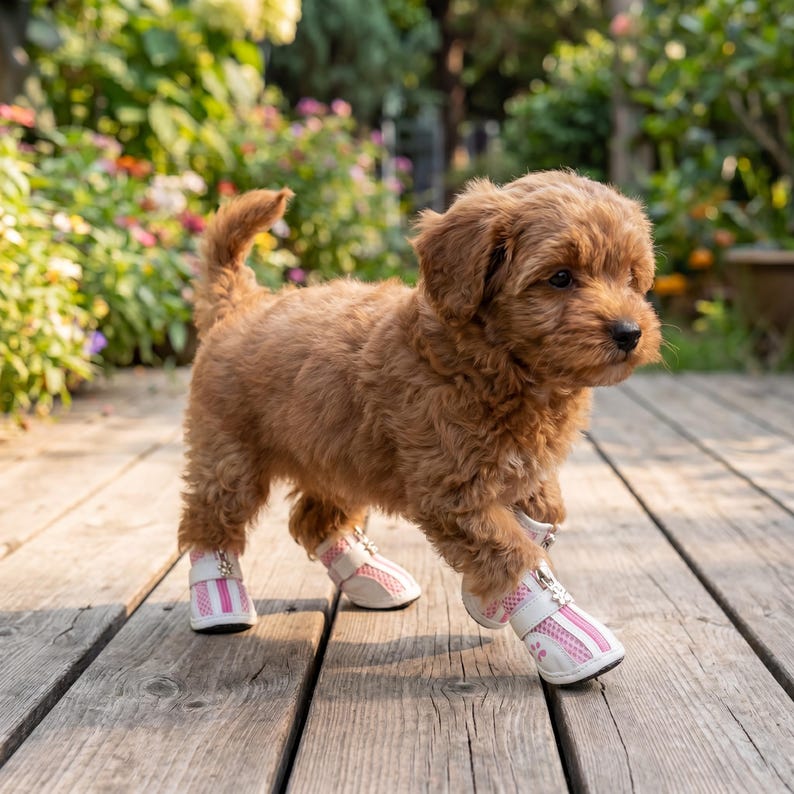 May include: A small, fluffy, brown puppy wearing white and pink dog shoes. The puppy is standing on a wooden deck, with a blurred background of greenery and flowers.