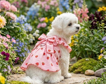 Strawberry Print Dog Dress, Ruffled Pet Outfit, Small Breed Summer Apparel