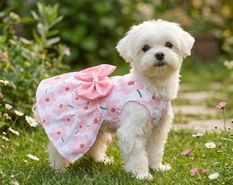 Floral Pet Dress with Pink Bow, Small Dog Spring Puppy Apparel