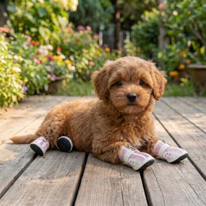 May include: A fluffy, brown puppy wearing pink and white dog boots with black soles, lying on a wooden deck. The puppy is looking directly at the camera. The background features a garden with colorful flowers and greenery.