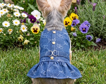 Denim Dog Dress, Floral Garden Puppy Outfit, Small Breed Summer Apparel