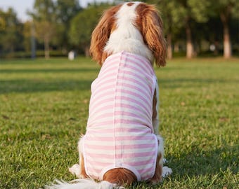 Pink Striped Dog Bodysuit, Soft Cotton Pet Pajamas, Lightweight Vest for Small Dogs